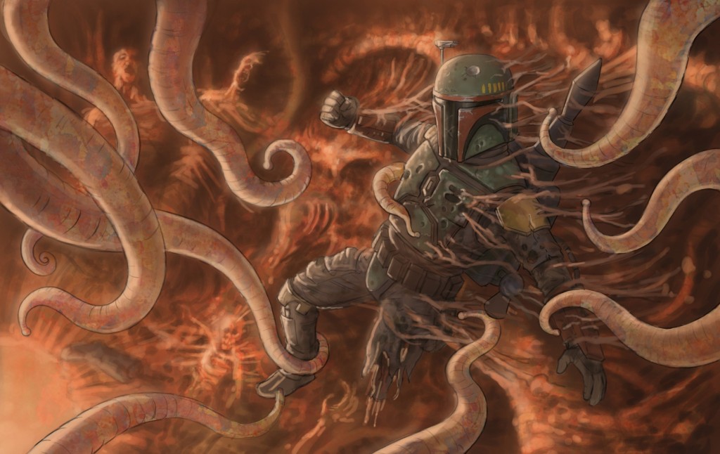 Boba Fett escapes his encounter with the Sarlacc Pit in ROTJ via Wookieepedia
