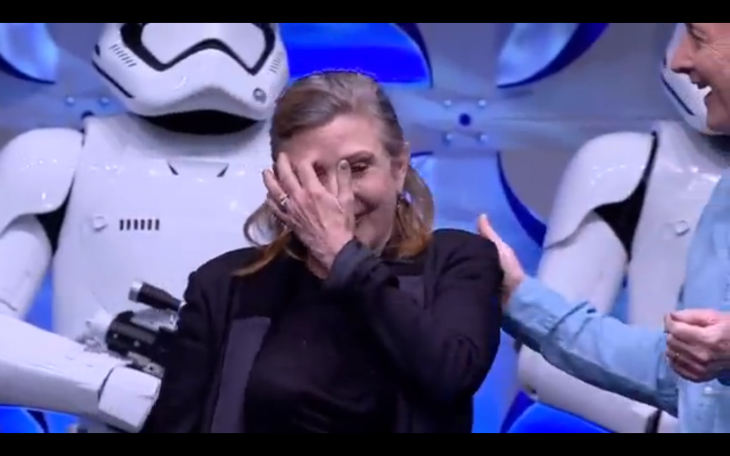 Carrie Fischer (Princess Leia) tears up with joy.